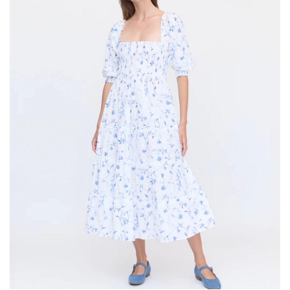 Hill House White Midi Dress with Blue Floral Print